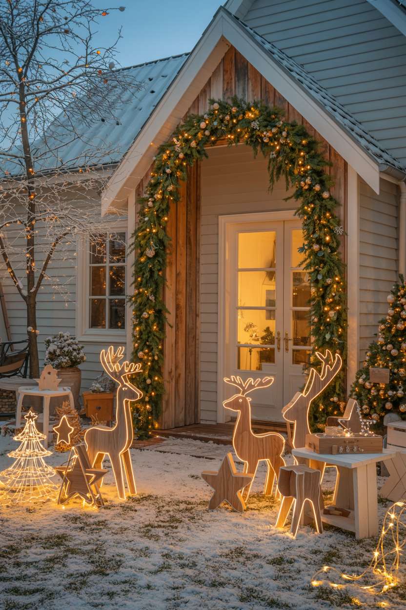 Backyard decorated with illuminated wooden archway, handcrafted reindeer, and golden string lights at sunset