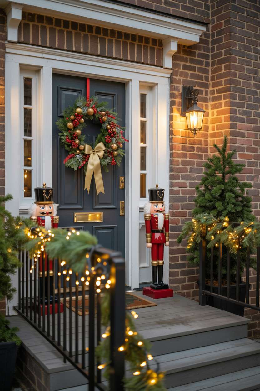 Elegant front porch with pine wreath, illuminated nutcrackers, and golden string lights along railing