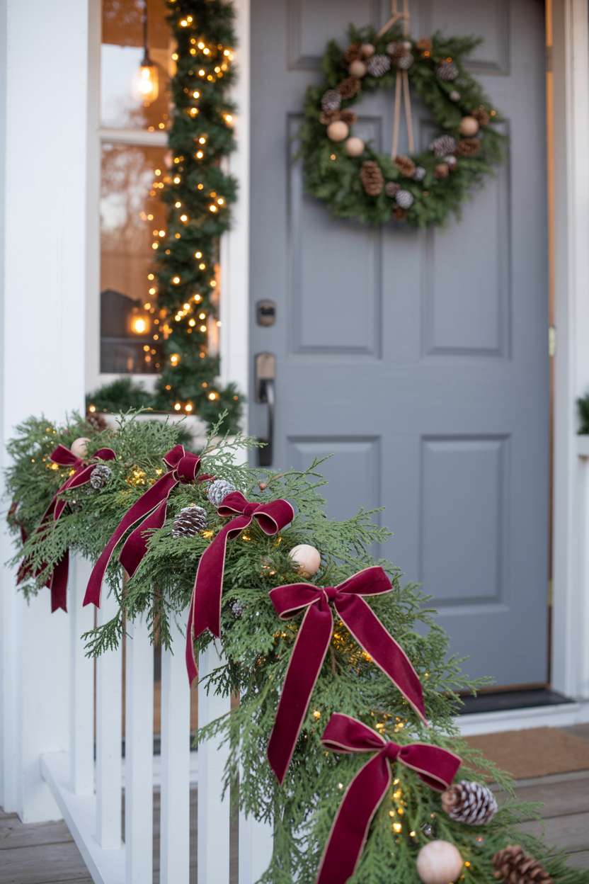 Cozy home porch with fairy lights, velvet bows in burgundy and green, and rustic wooden ornaments