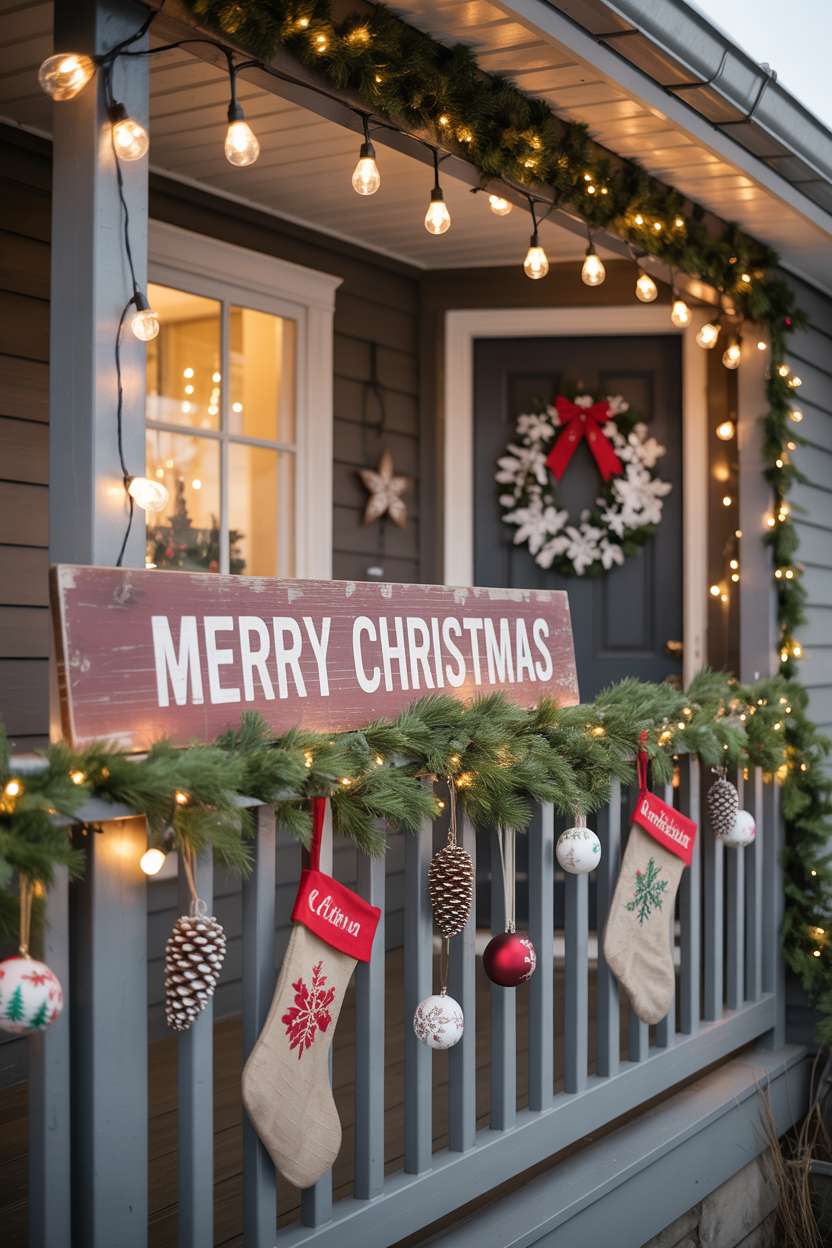Front yard with rustic Merry Christmas sign, fairy lights, evergreen garlands, and DIY ornaments