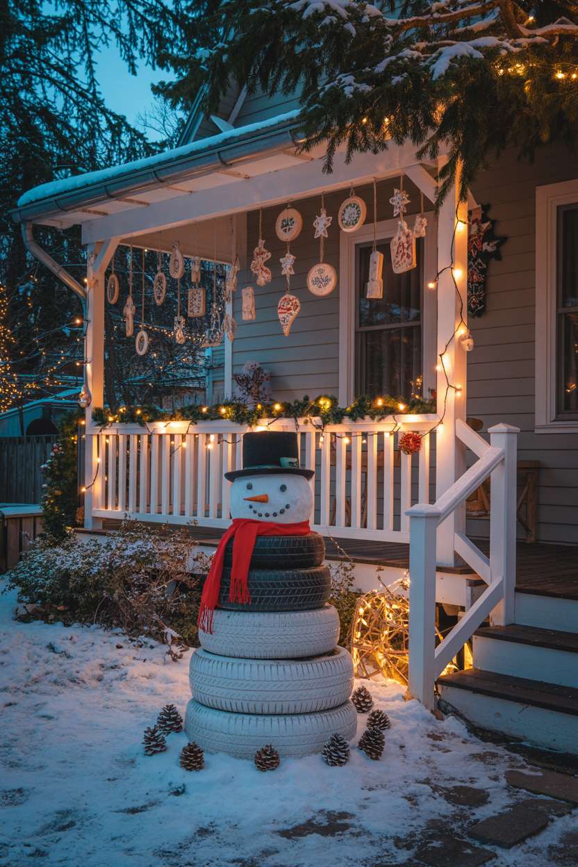 Creative snowman made from stacked tires with scarves and hats on snowy lawn with colorful lights