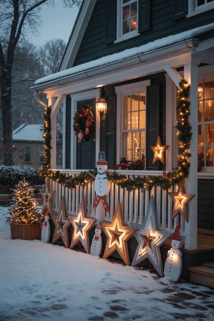 Front yard decorated with wooden stars, painted snowmen, and illuminated garland along porch railing