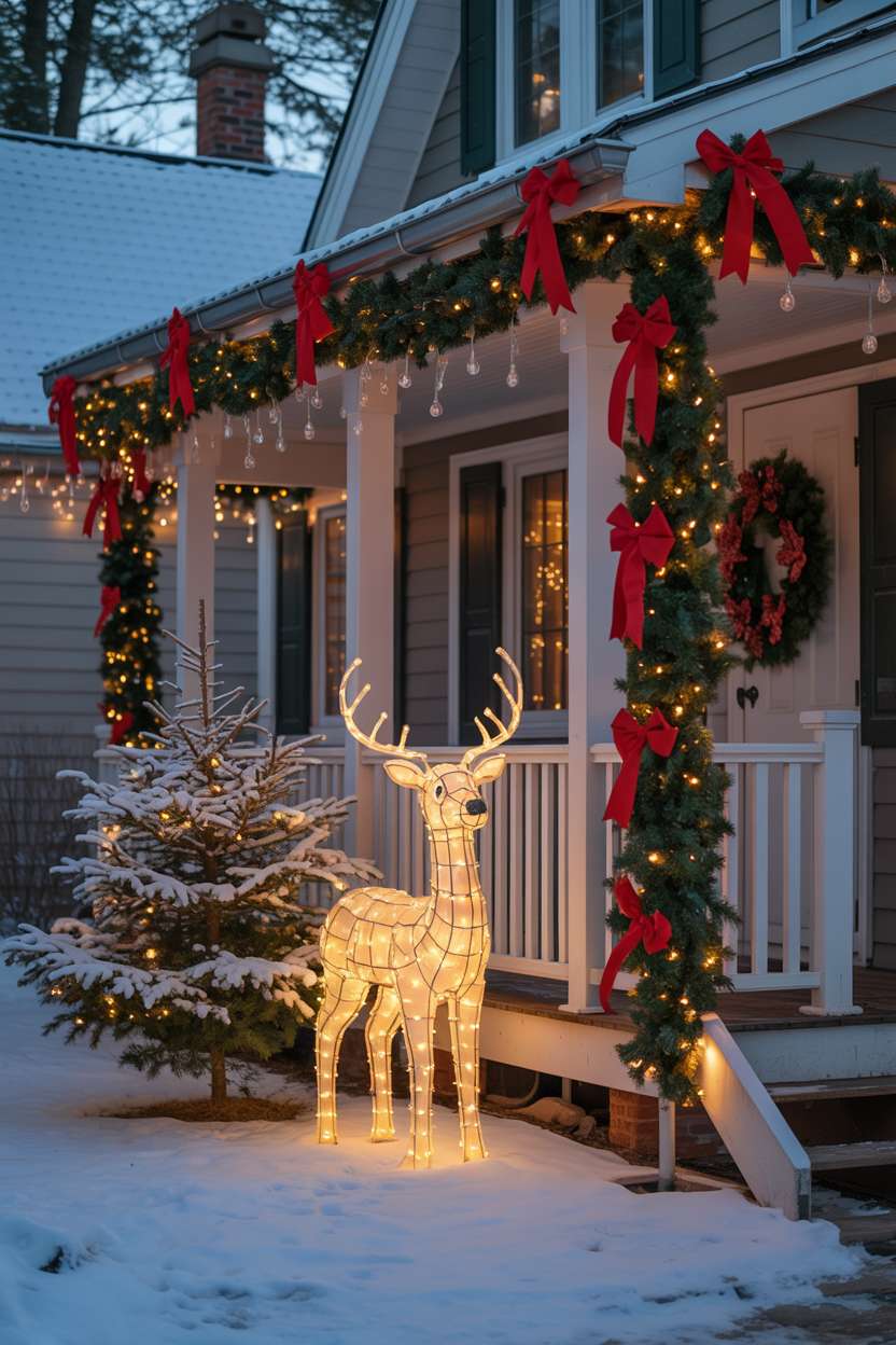 Suburban home with garland and red bows along roofline, illuminated reindeer, and icicle lights