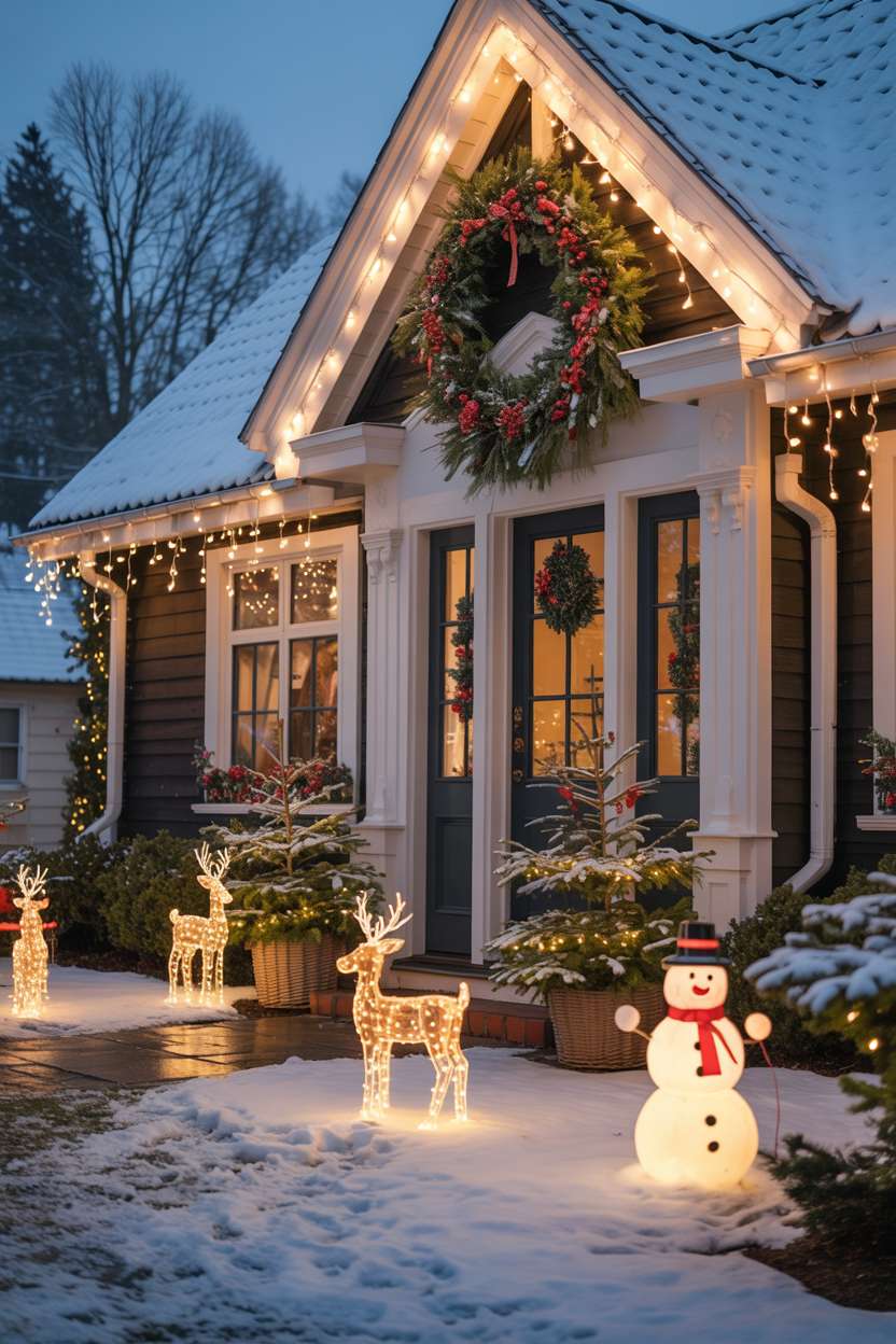 Suburban house with cascading white fairy lights, pine and berry wreath, and illuminated lawn decorations