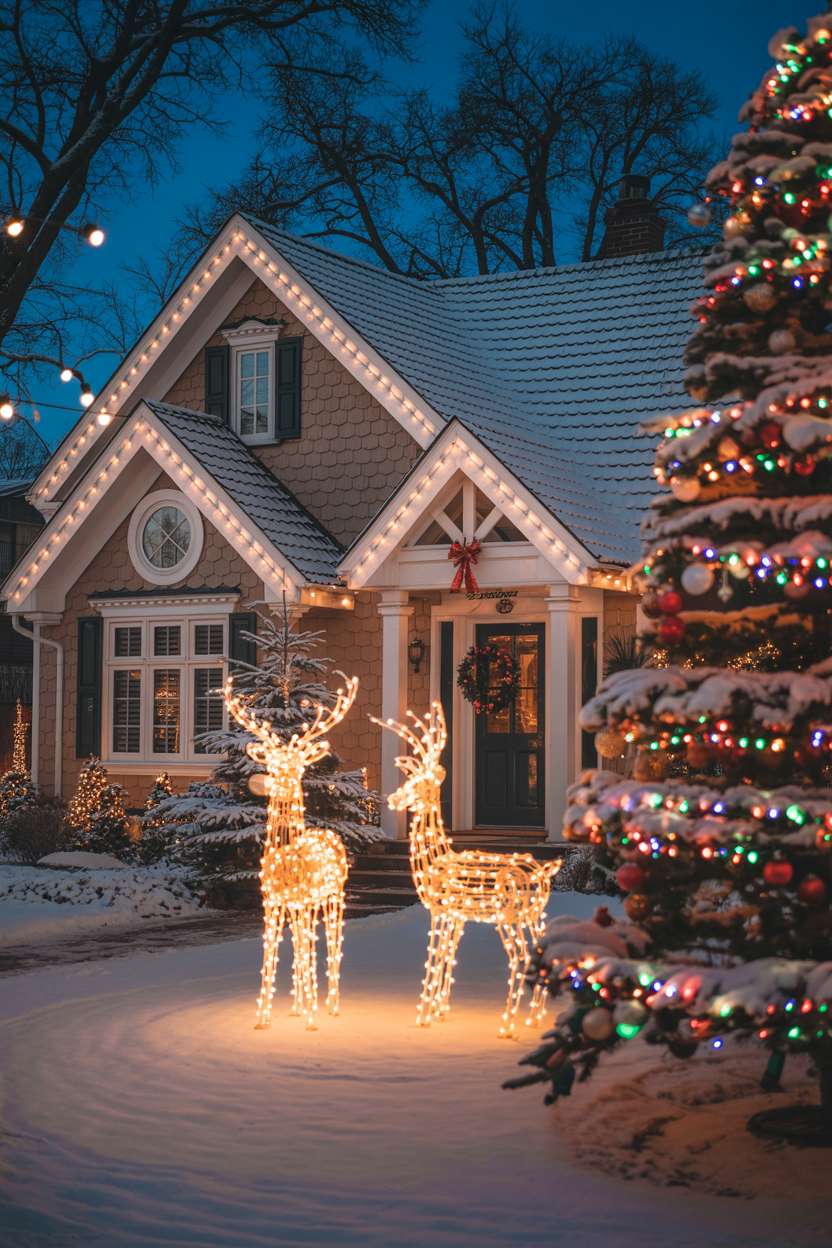 Suburban house viewed from distance with roofline lights, illuminated reindeer, and towering multicolored Christmas tree