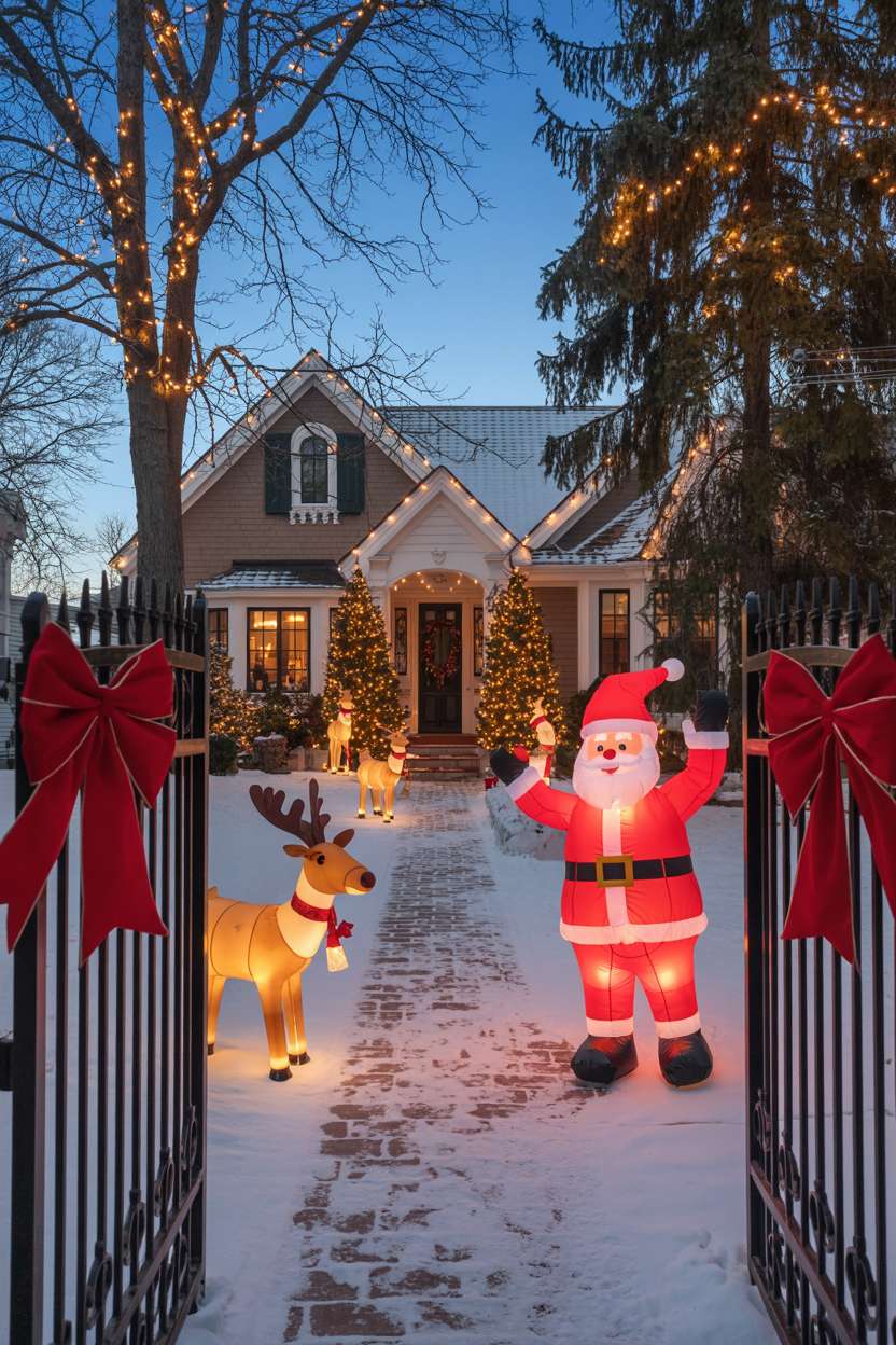 Suburban house with red bows on iron fence, fairy lights on roofline, and illuminated reindeer along snowy pathway