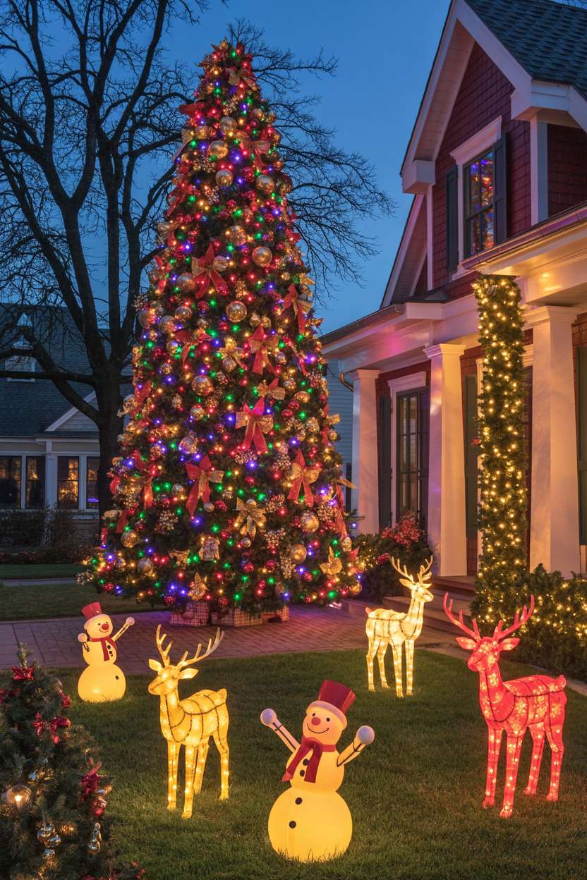Front yard with towering Christmas tree covered in multicolored lights and red and gold ornaments