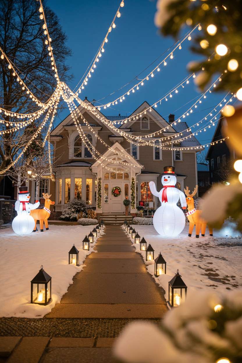 Victorian home with cascading white lights, oversized inflatable snowmen and reindeer, and glowing lanterns