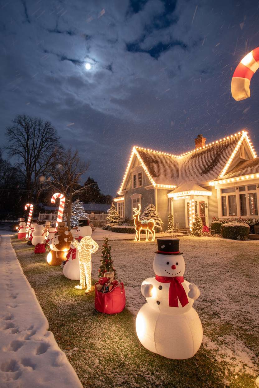 Victorian home with roofline lights, illuminated reindeer, oversized candy canes, and plush snowmen on lawn