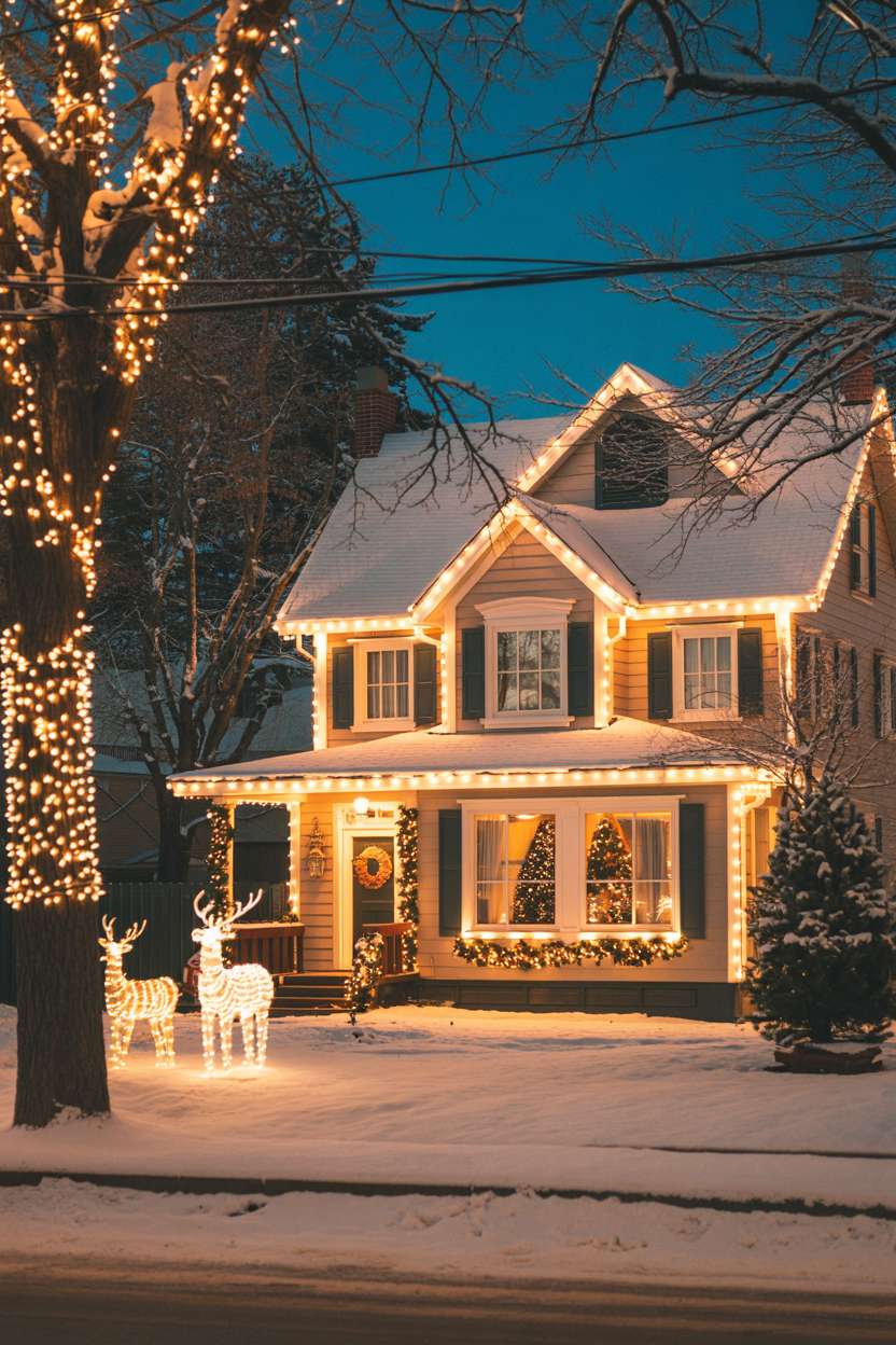 House decorated with warm white Christmas lights outlining rooflines and windows during twilight