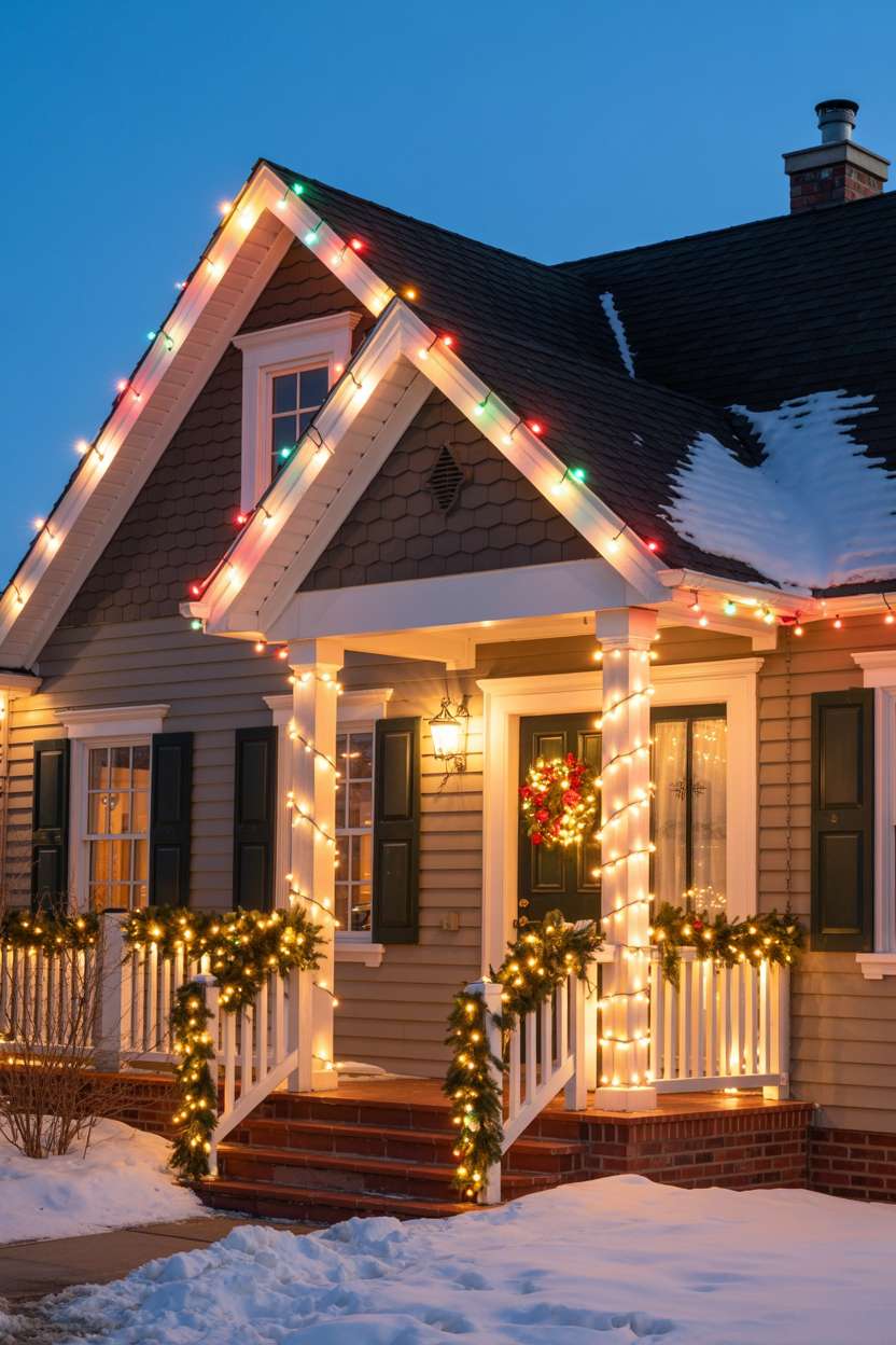 Residential home with twinkling white and multicolored Christmas lights along roofline and porch during blue hour