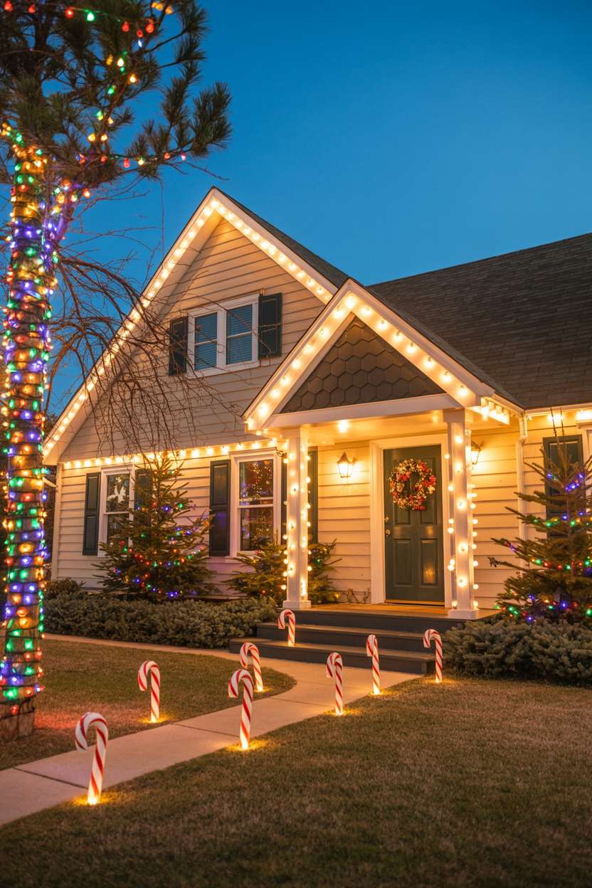 Suburban home with white string lights on house and colorful LED lights wrapped around front yard trees and bushes
