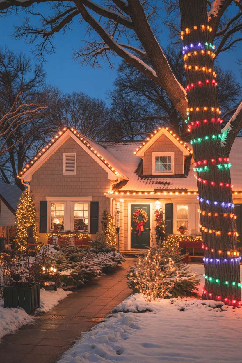 Suburban home adorned with amber and soft white lights on roofline and windows with snow-covered walkway