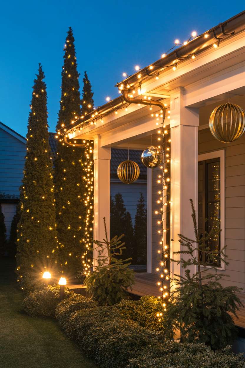Modern home exterior with warm white LED lights and oversized gold and silver ornamental spheres during twilight