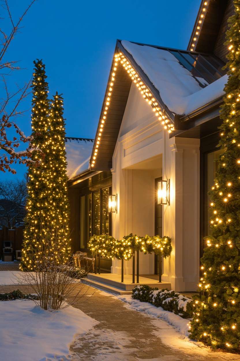 Modern home with warm white LED string lights and illuminated garland with golden accents during evening