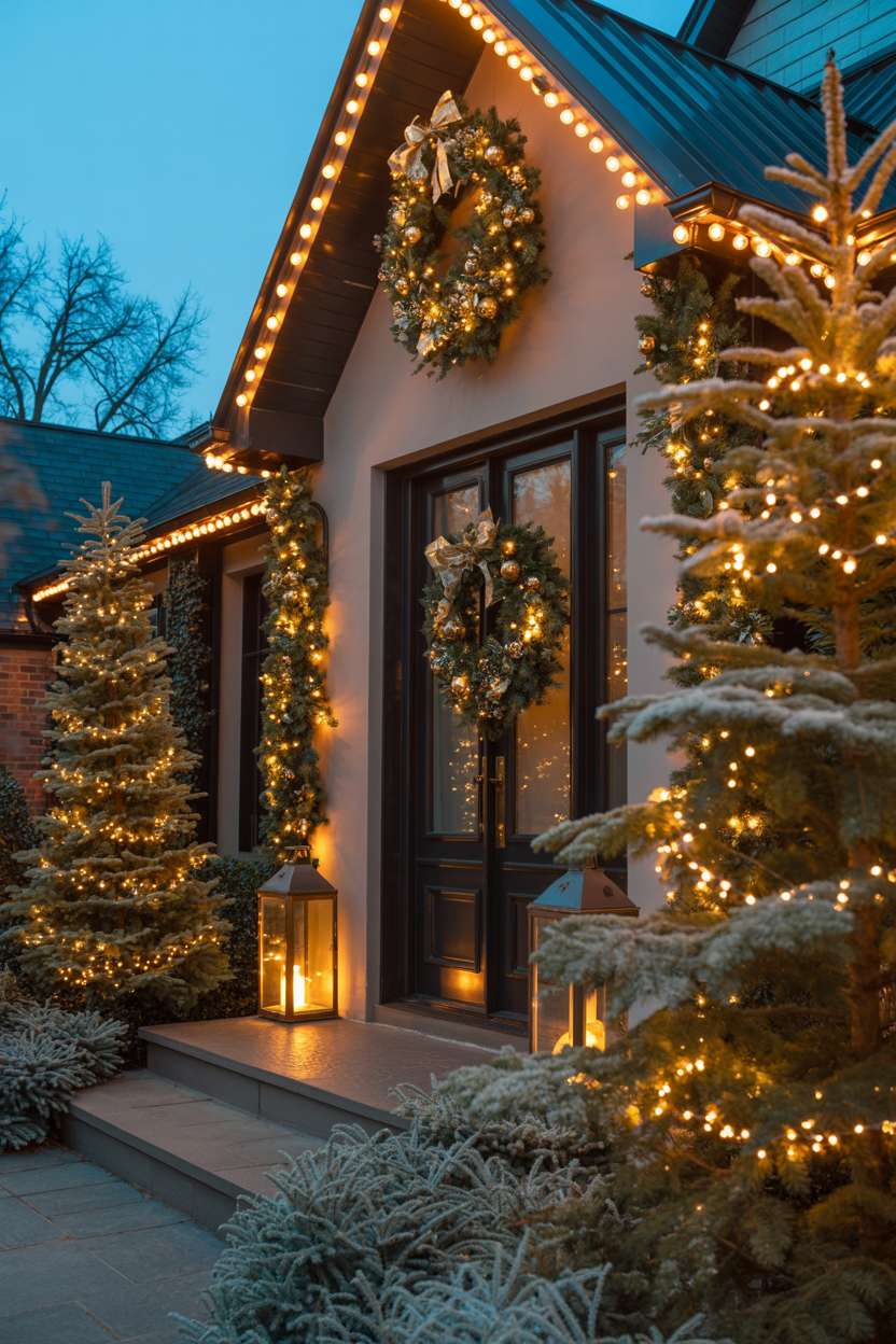 Modern home front entrance with warm white lights and large illuminated wreaths on dark wooden doors