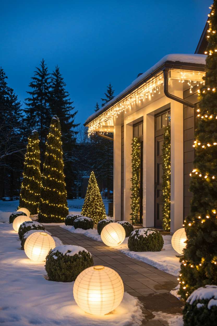 Modern home entrance with white LED lights and luminous white paper lanterns lining the pathway