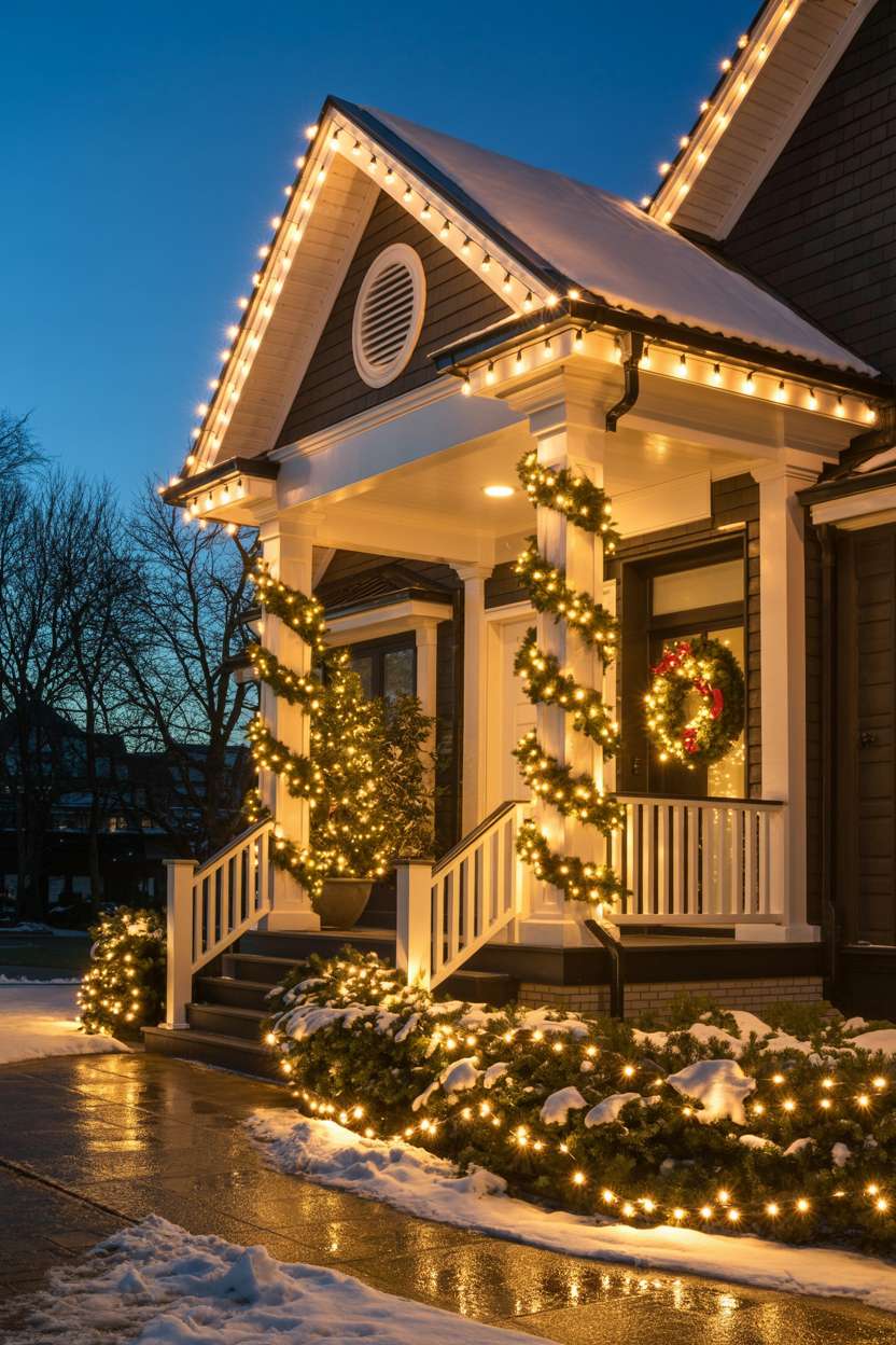 Modern home with warm white LED lights wrapped around porch columns and railings with geometric precision