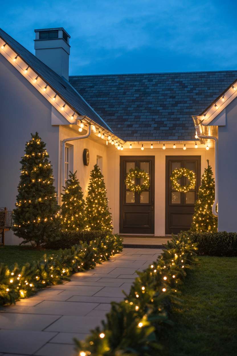 Modern home front entrance with warm white lights on manicured shrubs and symmetrical illuminated wreaths