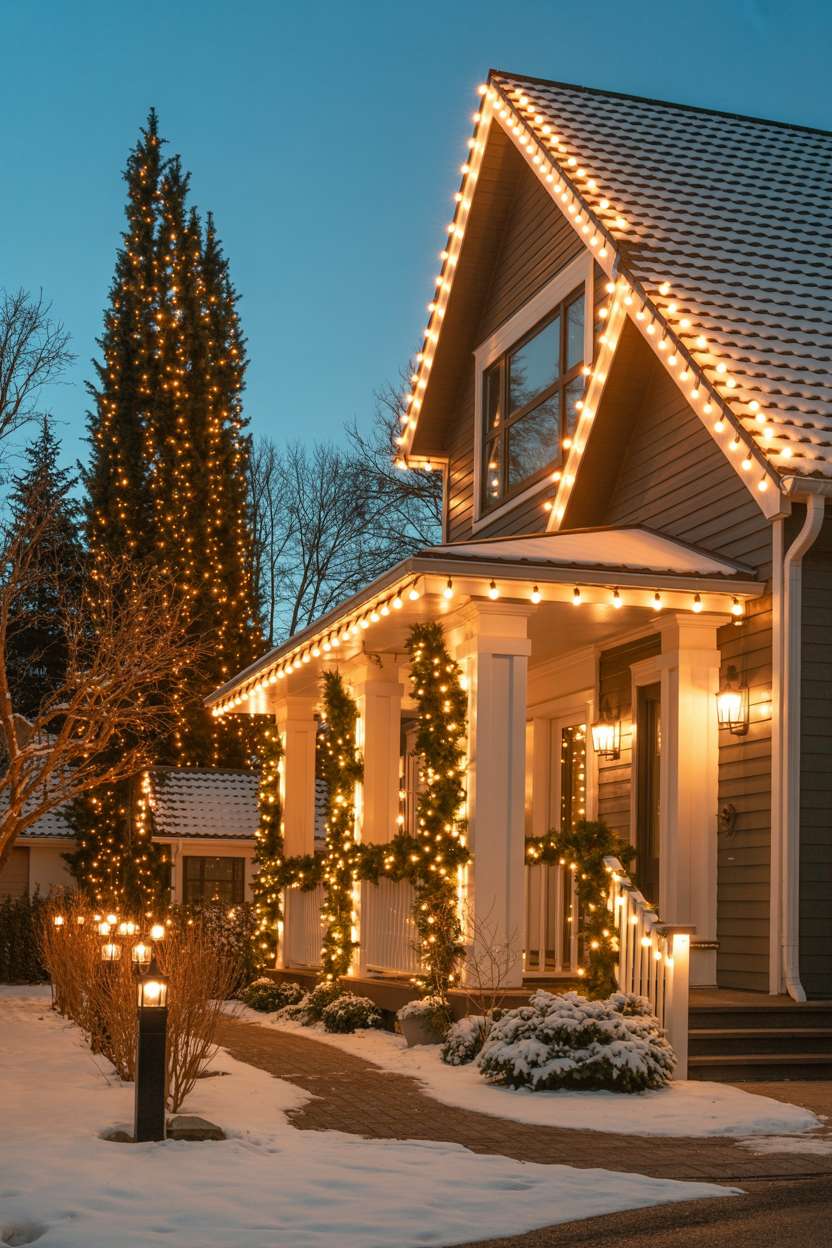 Modern home exterior with warm white LED lights cascading along roofline and wrapped around tall evergreens