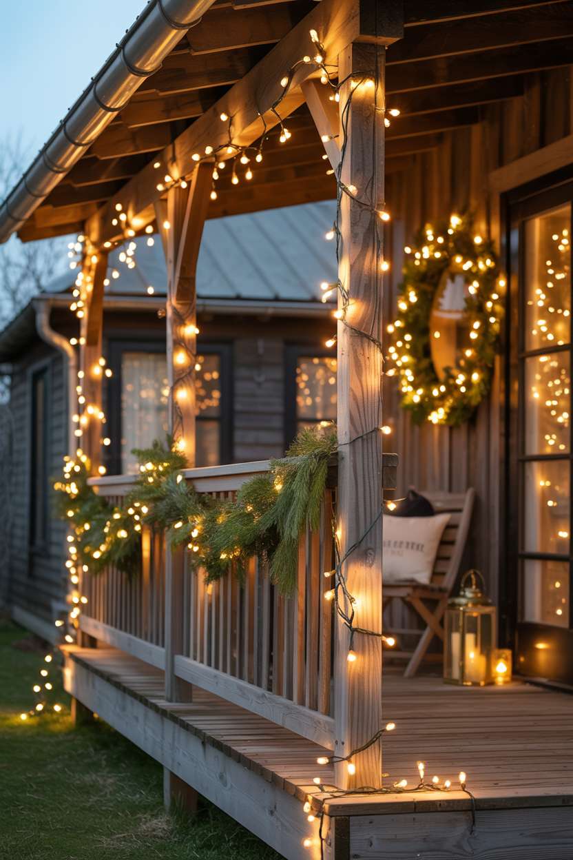 Rustic wooden porch with golden warm-white LED lights draped across railings and hanging from eaves