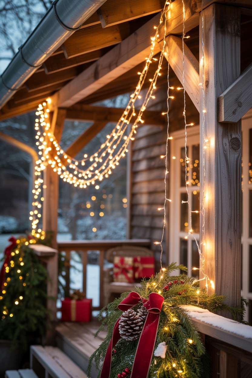 Rustic wooden pergola with warm golden string lights cascading between posts and evergreen garland