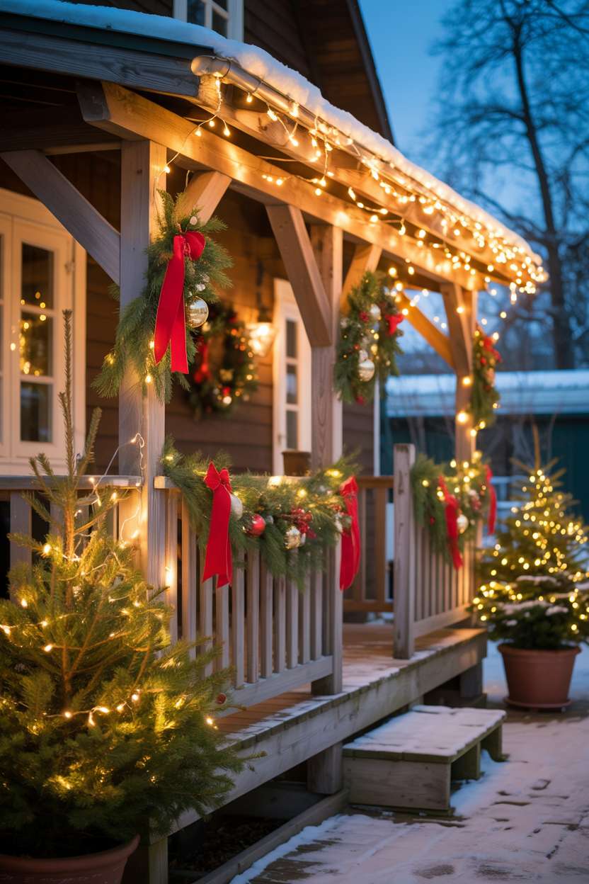 Rustic wooden patio with golden white fairy lights draped across beams and wrapped around railings