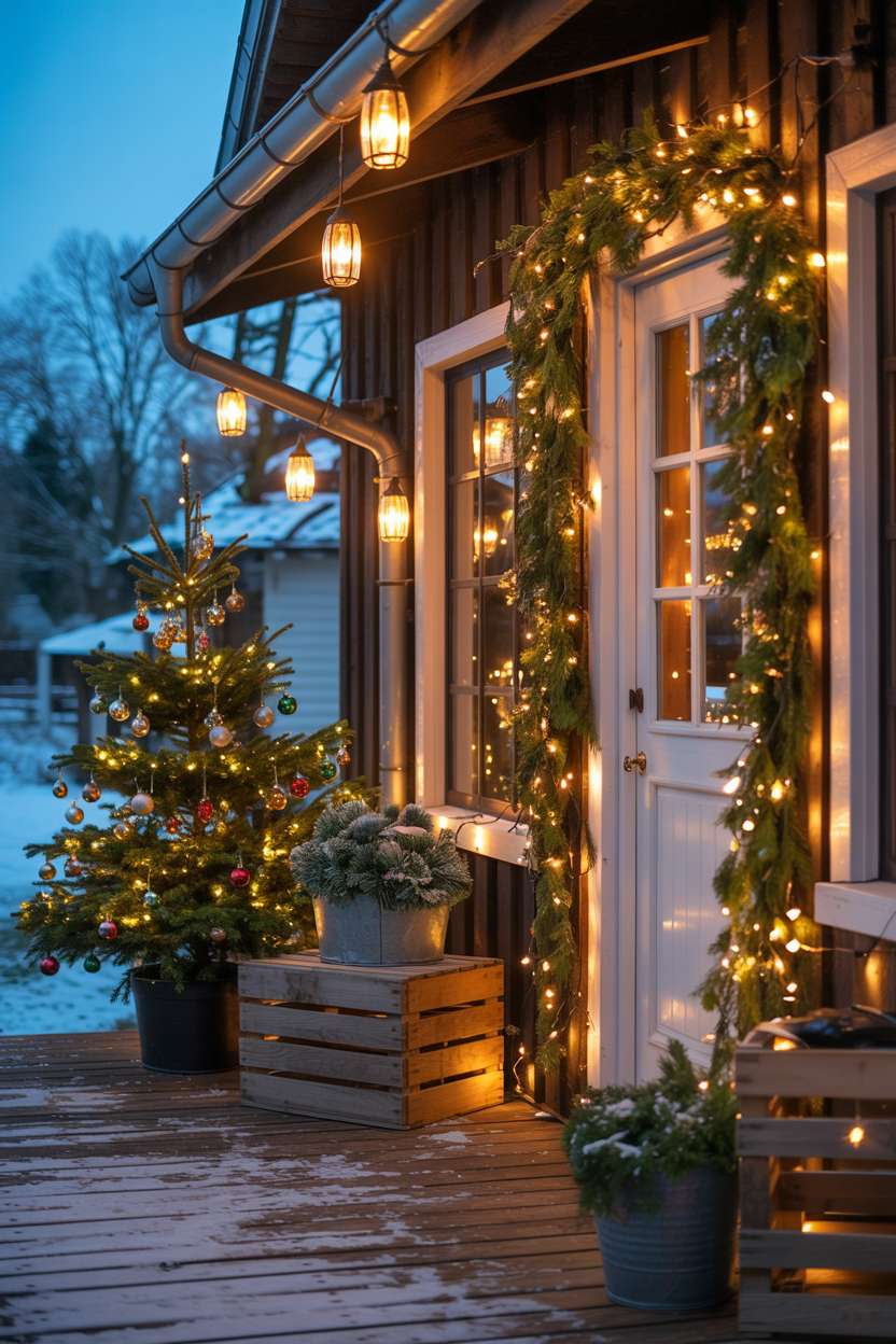 Rustic porch with warm golden string lights, glowing lanterns, and vintage wooden crates around decorated tree