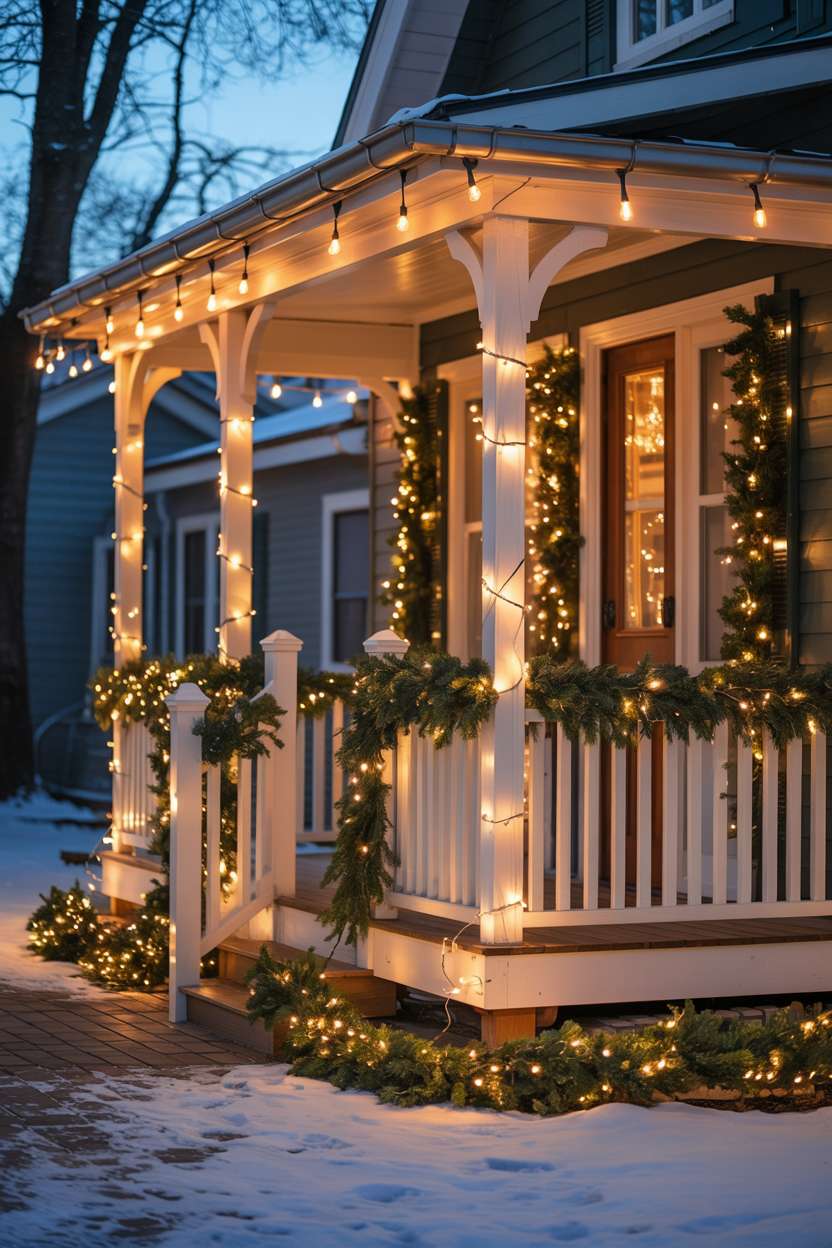 Charming front porch with golden warm-white lights draped along railings and wrapped around wooden columns