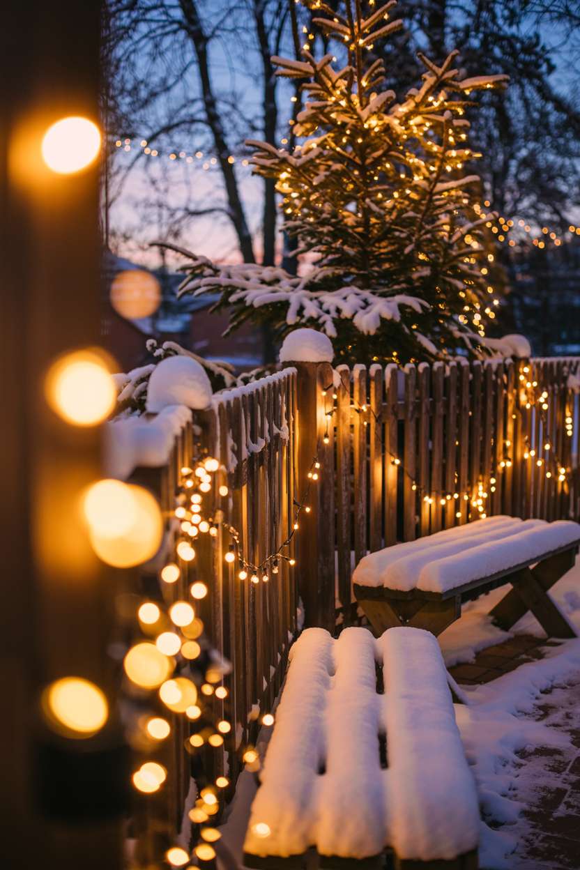 Rustic wooden fence with warm white and golden yellow lights draped across and wrapped around snow-dusted evergreens