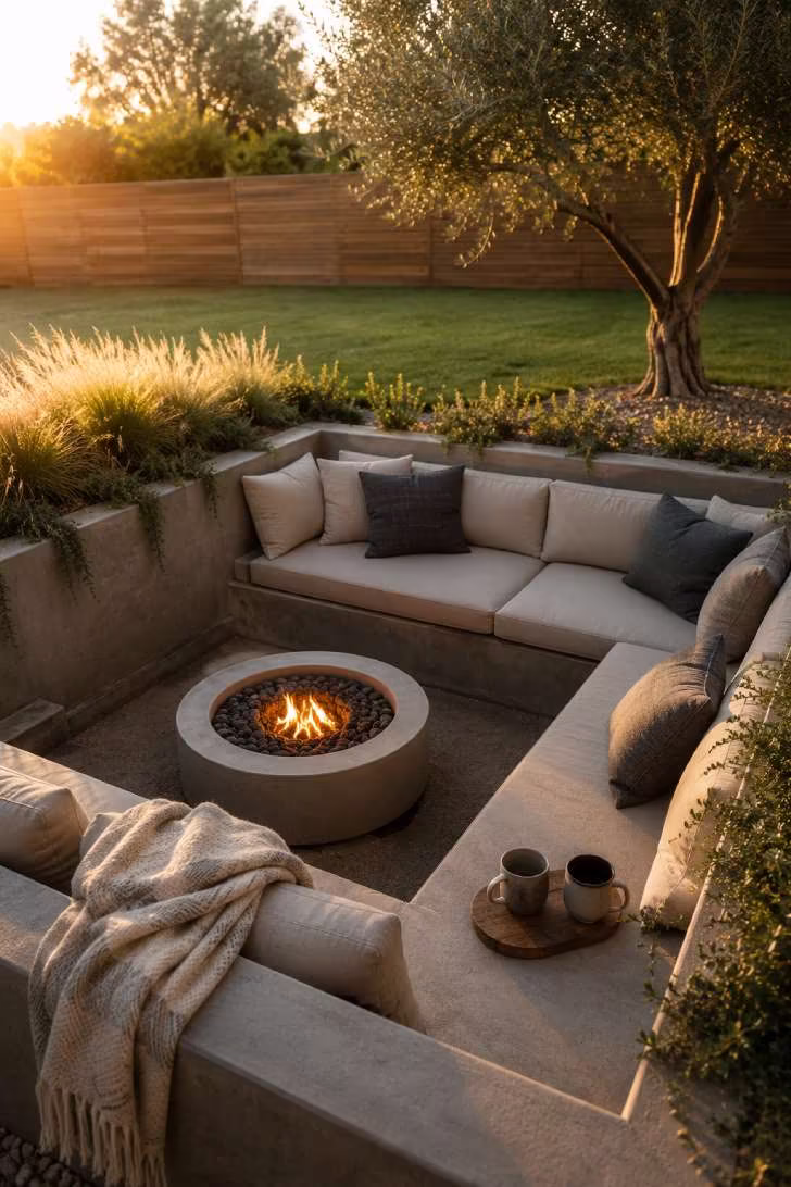 15 Dreamy Outdoor Fire Pit Area Ideas for Every Budget 1 A sunken concrete fire pit with built-in bench seating, linen cushions, and ornamental grasses spilling over the edges at golden hour.