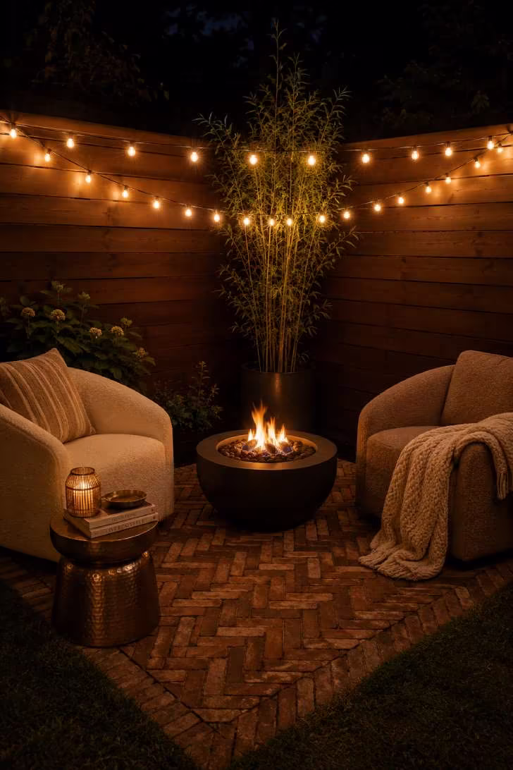 15 Dreamy Outdoor Fire Pit Area Ideas for Every Budget 10 A compact black steel fire pit on herringbone brick tucked into a fence corner, with boucle armchairs, string lights overhead, and a potted bamboo.