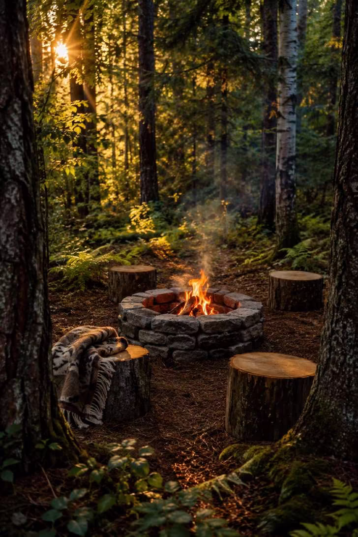 15 Dreamy Outdoor Fire Pit Area Ideas for Every Budget 12 A rough granite fire ring in a mossy woodland clearing surrounded by log-slice stools, with dappled sunlight filtering through oak and birch canopy.