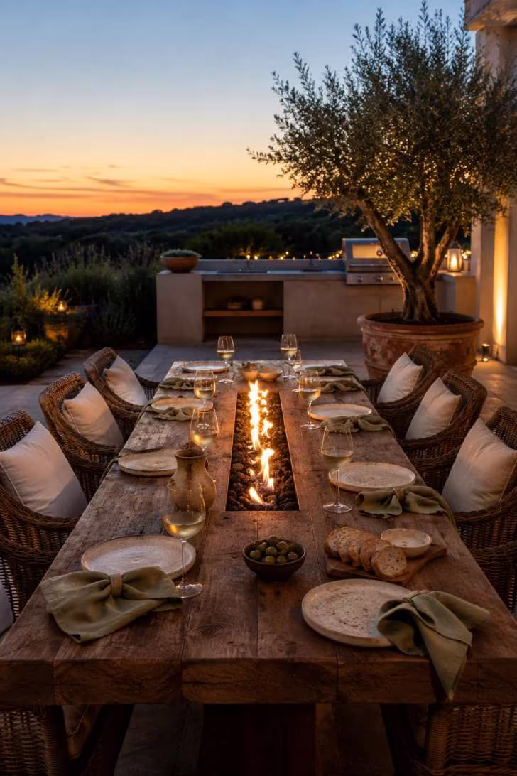 15 Dreamy Outdoor Fire Pit Area Ideas for Every Budget 13 A reclaimed walnut dining table with a central gas fire trough, set with stoneware and linen napkins, surrounded by rattan chairs on an evening patio.