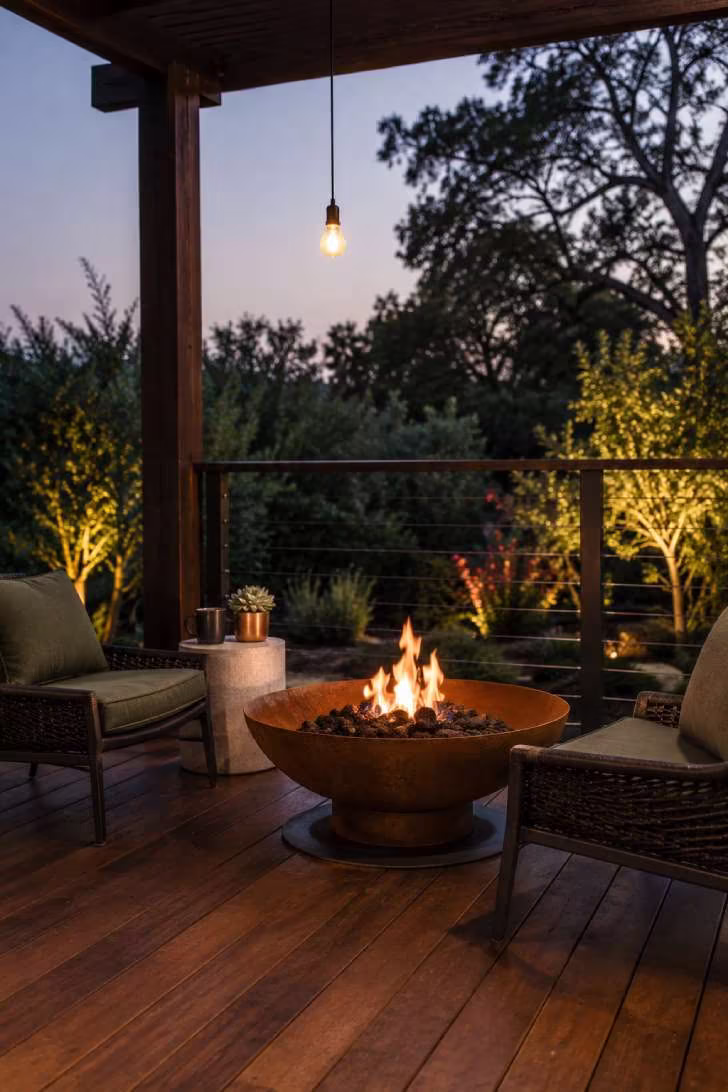 15 Dreamy Outdoor Fire Pit Area Ideas for Every Budget 14 A shallow Corten steel fire bowl on an ipe wood deck with charcoal wicker loungers, olive cushions, and cable railing overlooking a twilight garden.