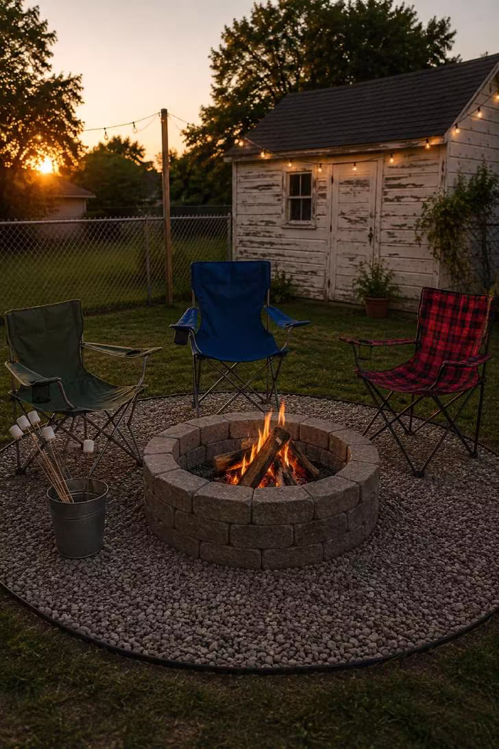 15 Dreamy Outdoor Fire Pit Area Ideas for Every Budget 15 A simple DIY fire ring made of stacked concrete blocks on crushed limestone gravel, surrounded by mismatched camp chairs and string lights in a suburban backyard.