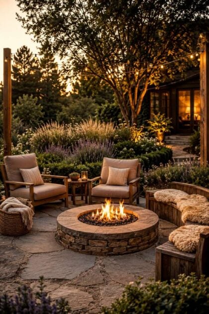 15 Dreamy Outdoor Fire Pit Area Ideas for Every Budget Cozy outdoor patio at sunset with a central stone fire pit, surrounded by cushioned seating, lush greenery, and string lights, creating a warm ambiance.