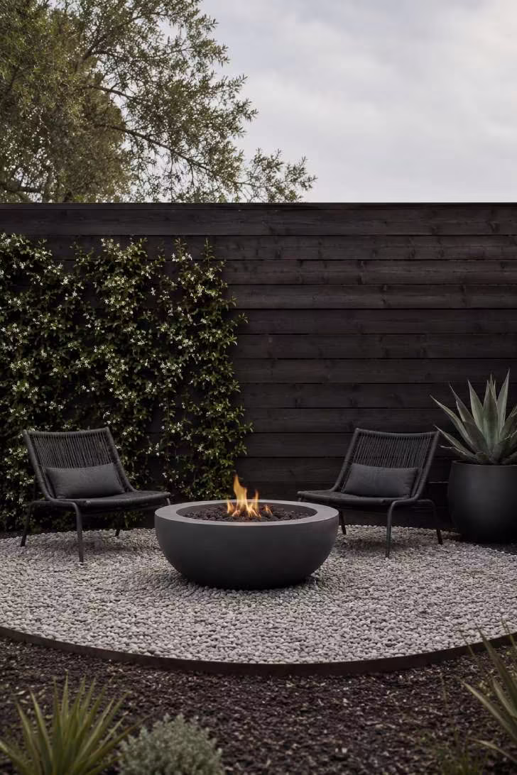 15 Dreamy Outdoor Fire Pit Area Ideas for Every Budget 2 A charcoal concrete fire bowl centered on a pale pea gravel pad with steel edging, flanked by low modern lounge chairs against a cedar fence.