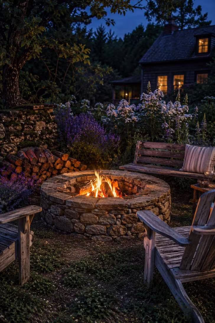 15 Dreamy Outdoor Fire Pit Area Ideas for Every Budget 3 A rustic stacked-fieldstone fire ring with a wood fire burning, surrounded by weathered teak chairs and a cottage garden at twilight.