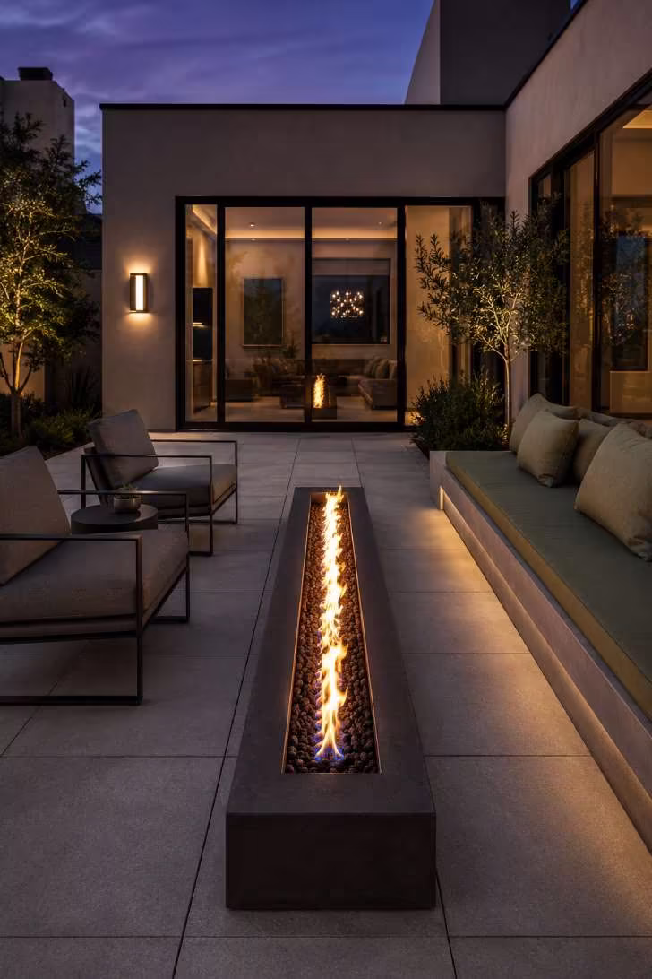 15 Dreamy Outdoor Fire Pit Area Ideas for Every Budget 4 A modern 60-inch linear fire trough in dark concrete set into grey pavers, flanked by a built-in bench and sleek black steel club chairs at early evening.