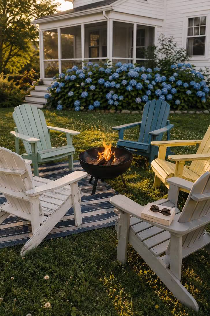15 Dreamy Outdoor Fire Pit Area Ideas for Every Budget 5 Five mismatched painted Adirondack chairs circled around a black steel fire bowl on a green lawn, with a clapboard house and hydrangeas in the background.