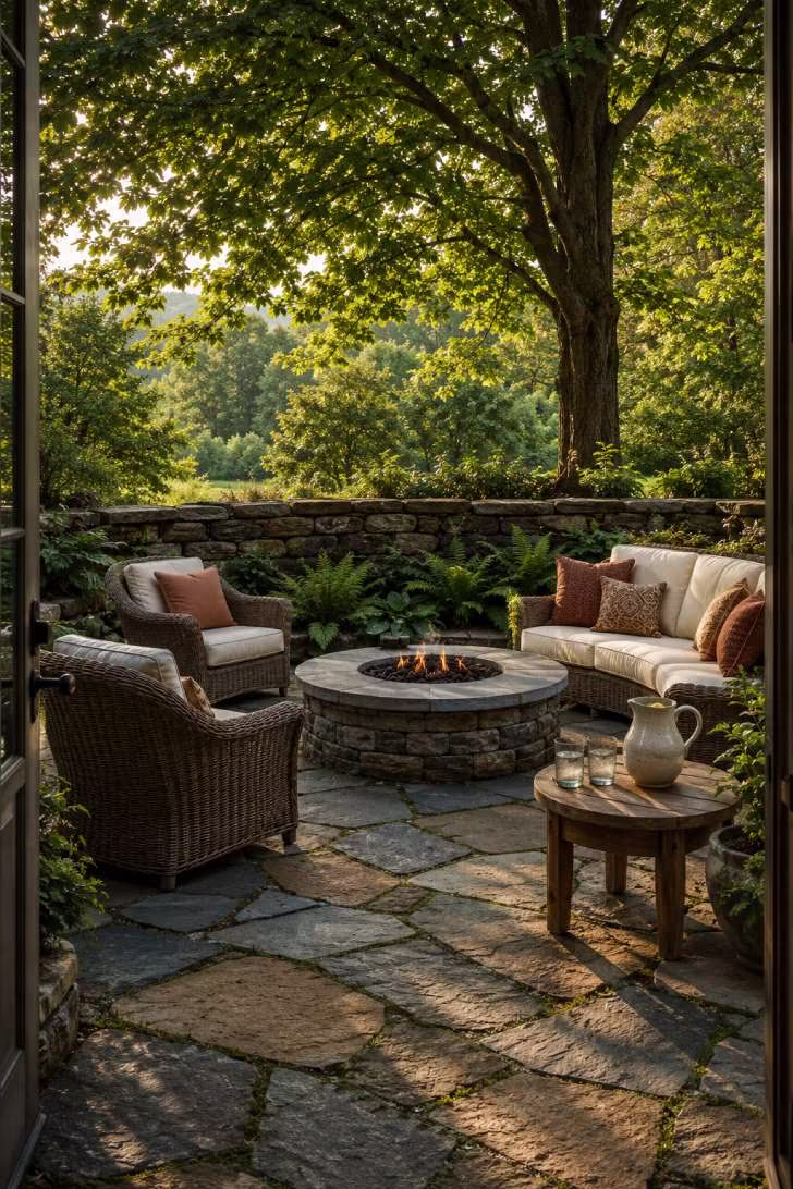 15 Dreamy Outdoor Fire Pit Area Ideas for Every Budget 6 A round bluestone fire pit on an irregular flagstone terrace with wicker seating, terracotta pillows, and a mature maple canopy overhead.