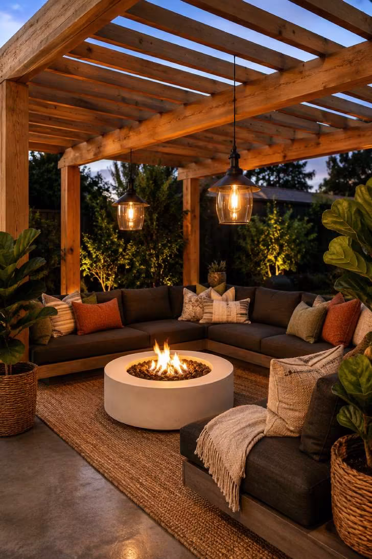 15 Dreamy Outdoor Fire Pit Area Ideas for Every Budget 7 A white concrete fire pit under a honey-toned cedar pergola with a dark sectional sofa, hanging pendant lanterns, and potted fiddle leaf figs at dusk.