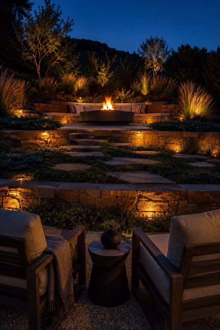 15 Dreamy Outdoor Fire Pit Area Ideas for Every Budget 8 A terraced hillside with sandstone retaining walls leading up to a dark concrete fire pit with built-in bench seating, lit by warm landscape uplights at dusk.