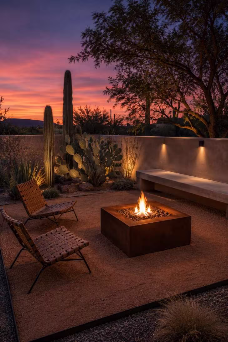 15 Dreamy Outdoor Fire Pit Area Ideas for Every Budget 9 A square Corten steel fire pit on decomposed granite, flanked by mid-century chairs and sculptural cacti against a desert blue-hour sky.