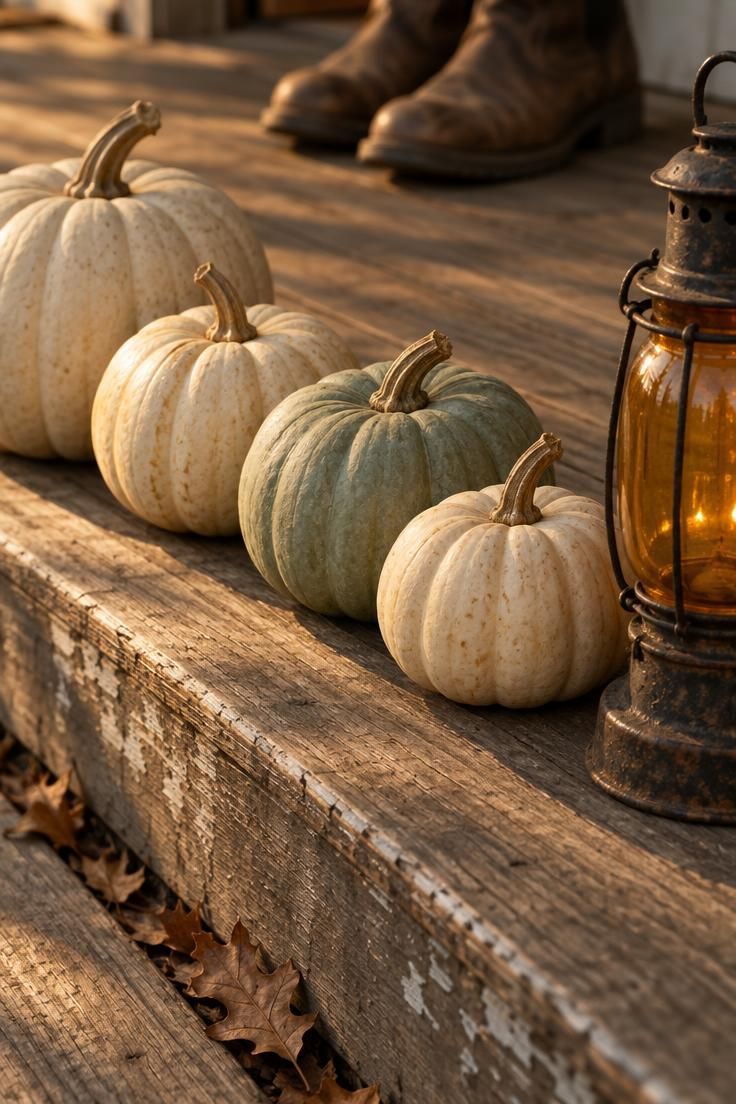 11 Chilling Outdoor Halloween Decor Ideas for a Spooky Night 2 Cream and sage heirloom pumpkins lined along a worn wooden step beside an amber lantern in warm late light.