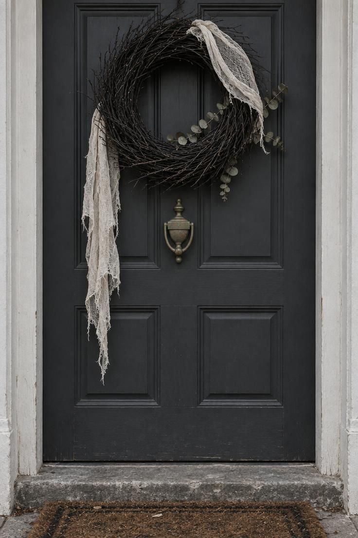 11 Chilling Outdoor Halloween Decor Ideas for a Spooky Night 3 A black twig wreath on a dark painted door with tattered ivory gauze draped loosely across one corner.