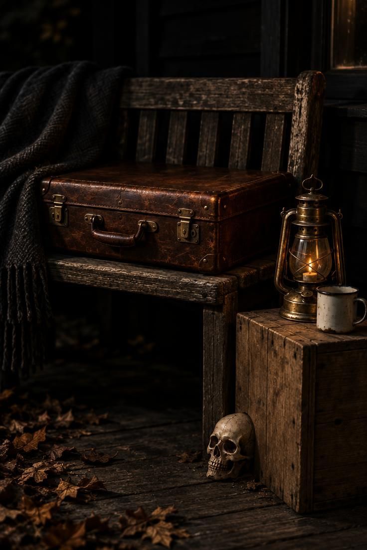 11 Chilling Outdoor Halloween Decor Ideas for a Spooky Night 4 A vintage suitcase, wood crate, and brass lantern grouped on a porch bench with a ceramic skull.