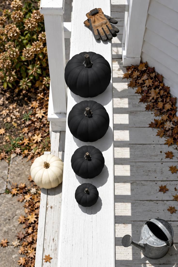 11 Chilling Outdoor Halloween Decor Ideas for a Spooky Night 5 Four matte black pumpkins stacked in a descending column on a white porch railing with a bone-white pumpkin beside them.