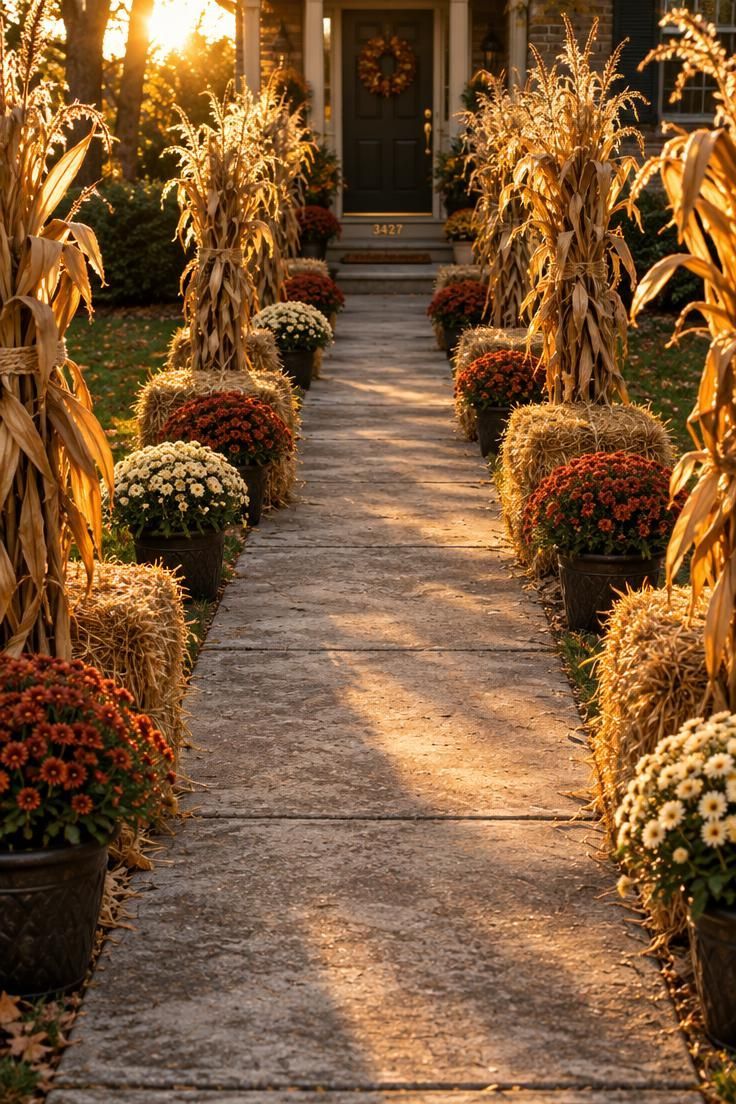 11 Chilling Outdoor Halloween Decor Ideas for a Spooky Night 6 Cornstalks and hay bales lining a front walkway with rust and cream mums in warm late-day sun.